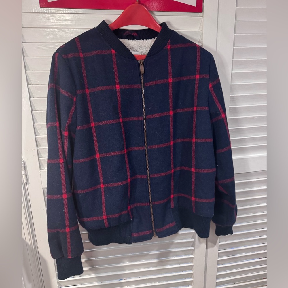 Old Navy Plaid Sherpa Lined Bomber Jacket Navy Red Women’s L